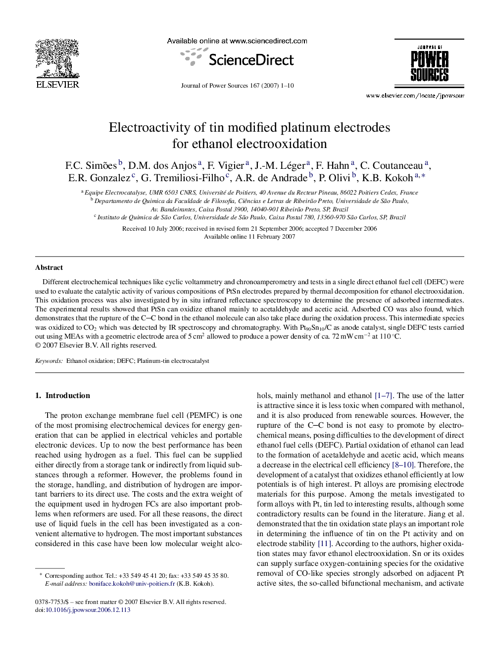 Electroactivity of tin modified platinum electrodes for ethanol electrooxidation