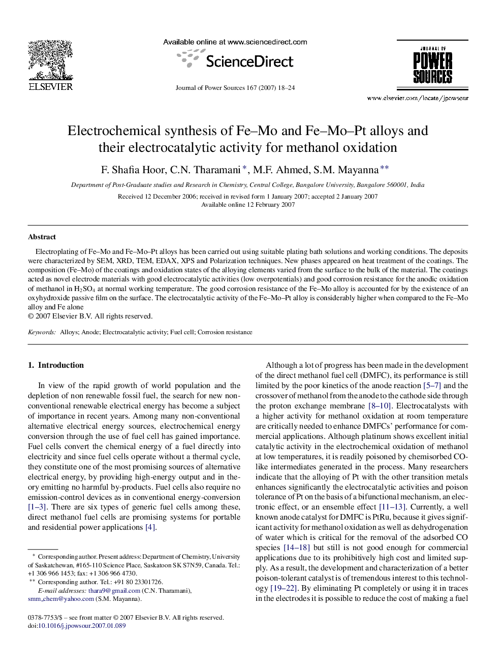 Electrochemical synthesis of Fe–Mo and Fe–Mo–Pt alloys and their electrocatalytic activity for methanol oxidation