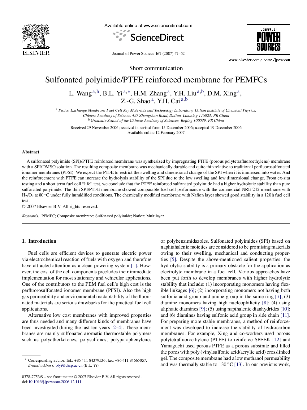 Sulfonated polyimide/PTFE reinforced membrane for PEMFCs