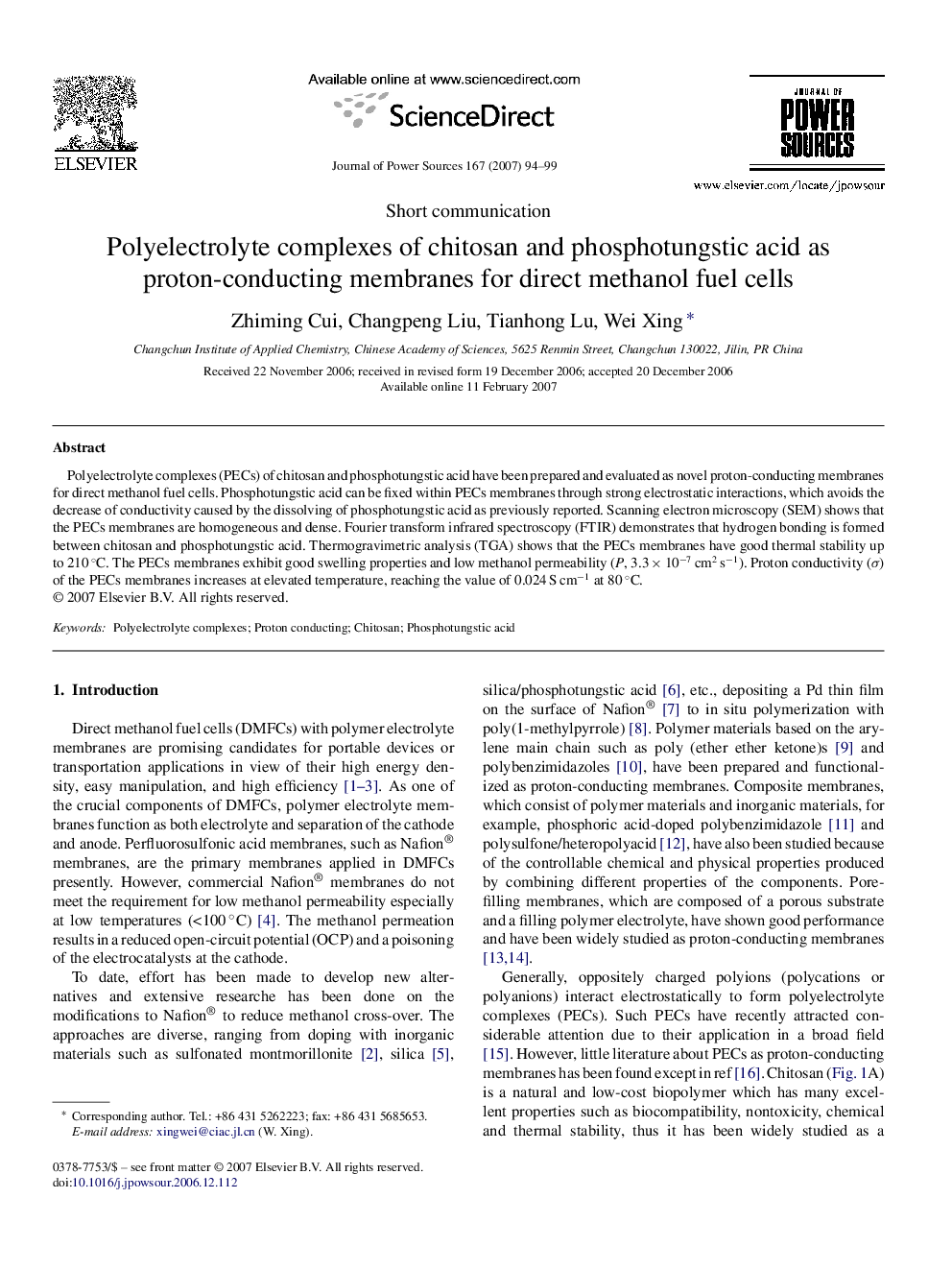 Polyelectrolyte complexes of chitosan and phosphotungstic acid as proton-conducting membranes for direct methanol fuel cells