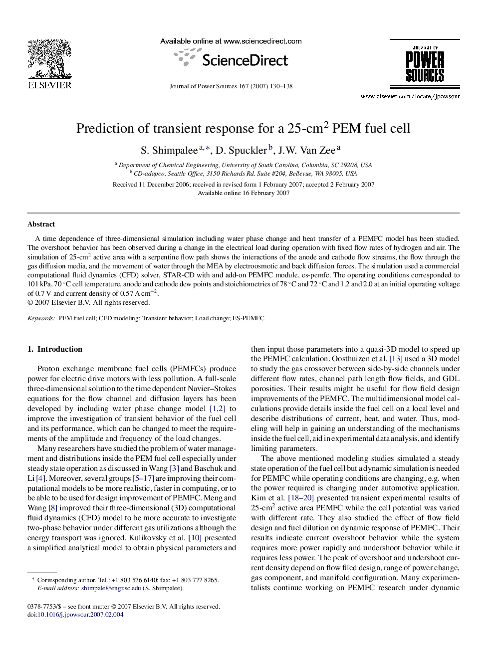 Prediction of transient response for a 25-cm2 PEM fuel cell