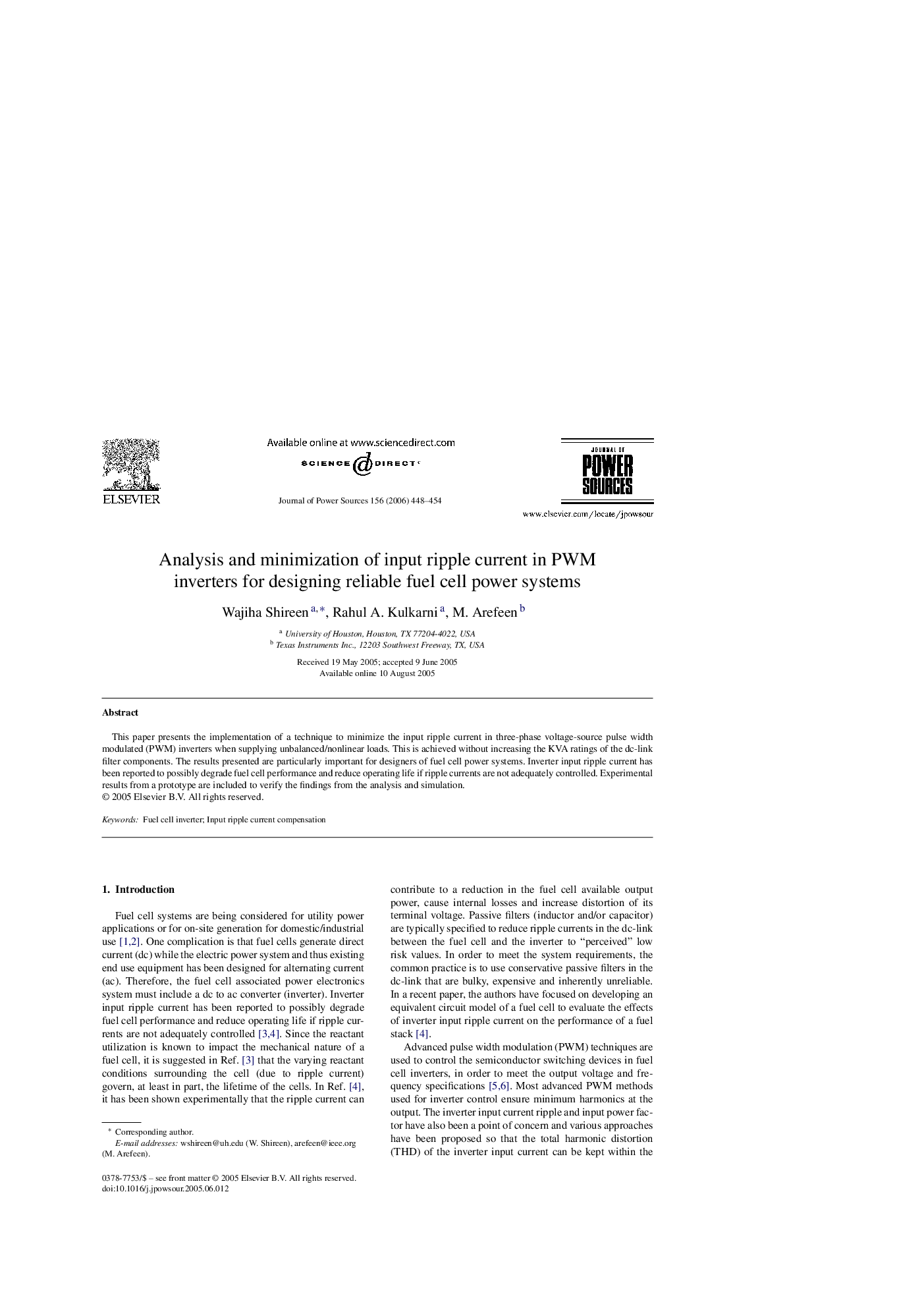 Analysis and minimization of input ripple current in PWM inverters for designing reliable fuel cell power systems