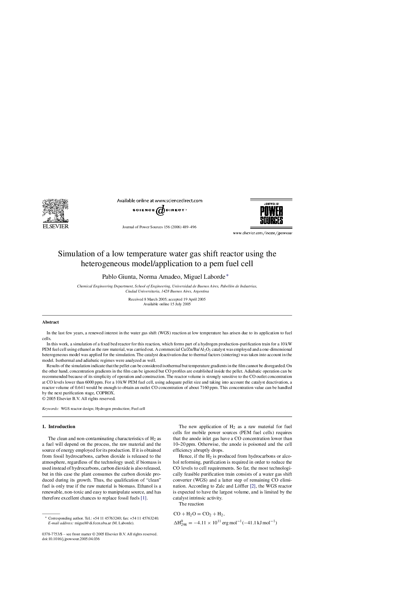 Simulation of a low temperature water gas shift reactor using the heterogeneous model/application to a pem fuel cell