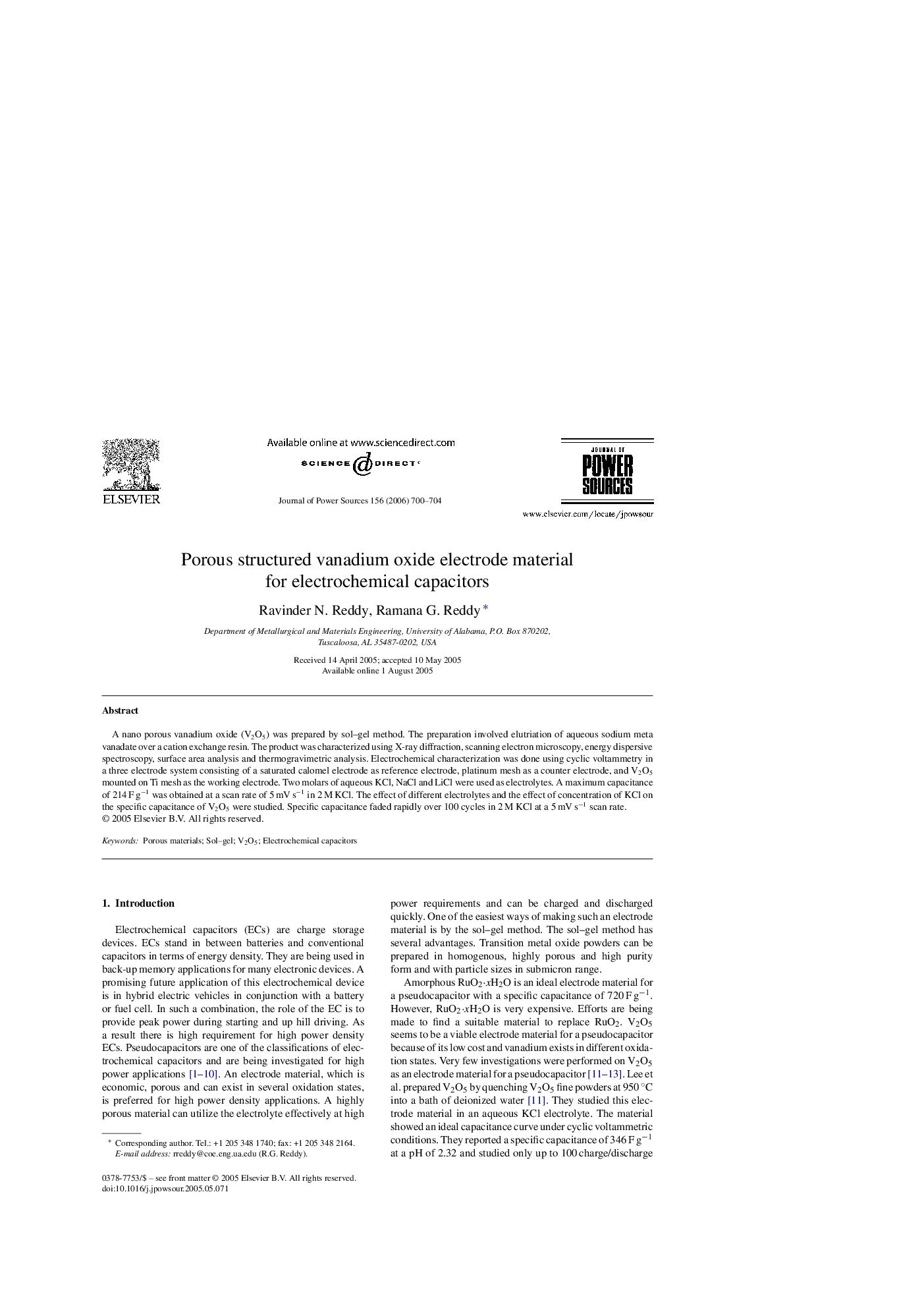 Porous structured vanadium oxide electrode material for electrochemical capacitors