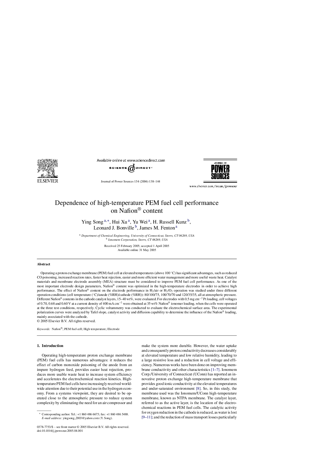 Dependence of high-temperature PEM fuel cell performance on Nafion® content