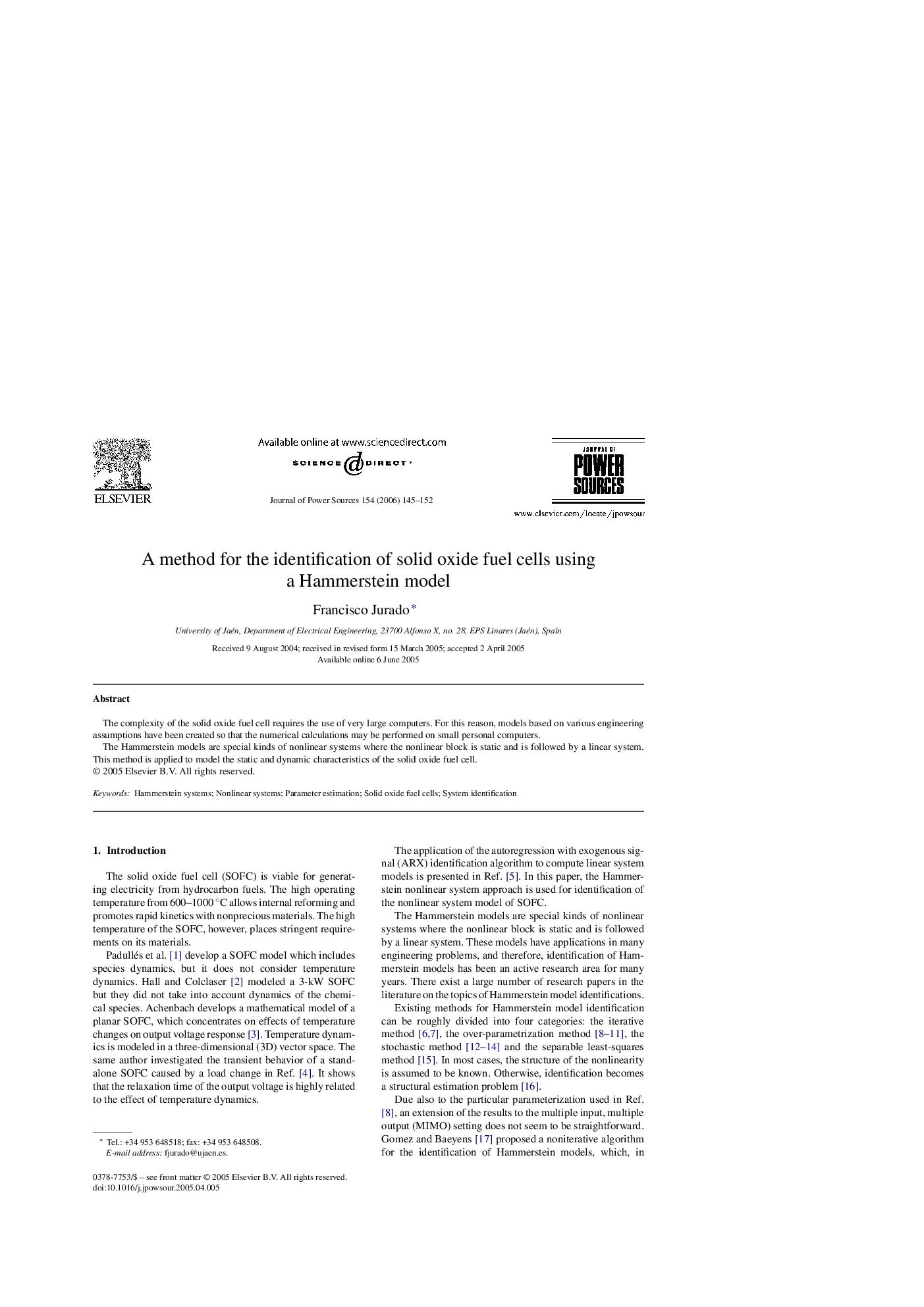 A method for the identification of solid oxide fuel cells using a Hammerstein model