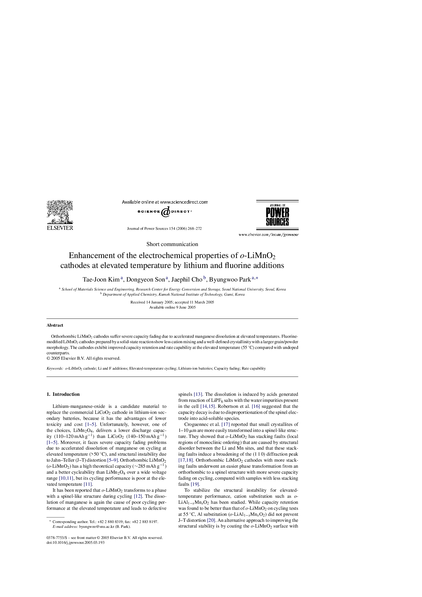 Enhancement of the electrochemical properties of o-LiMnO2 cathodes at elevated temperature by lithium and fluorine additions