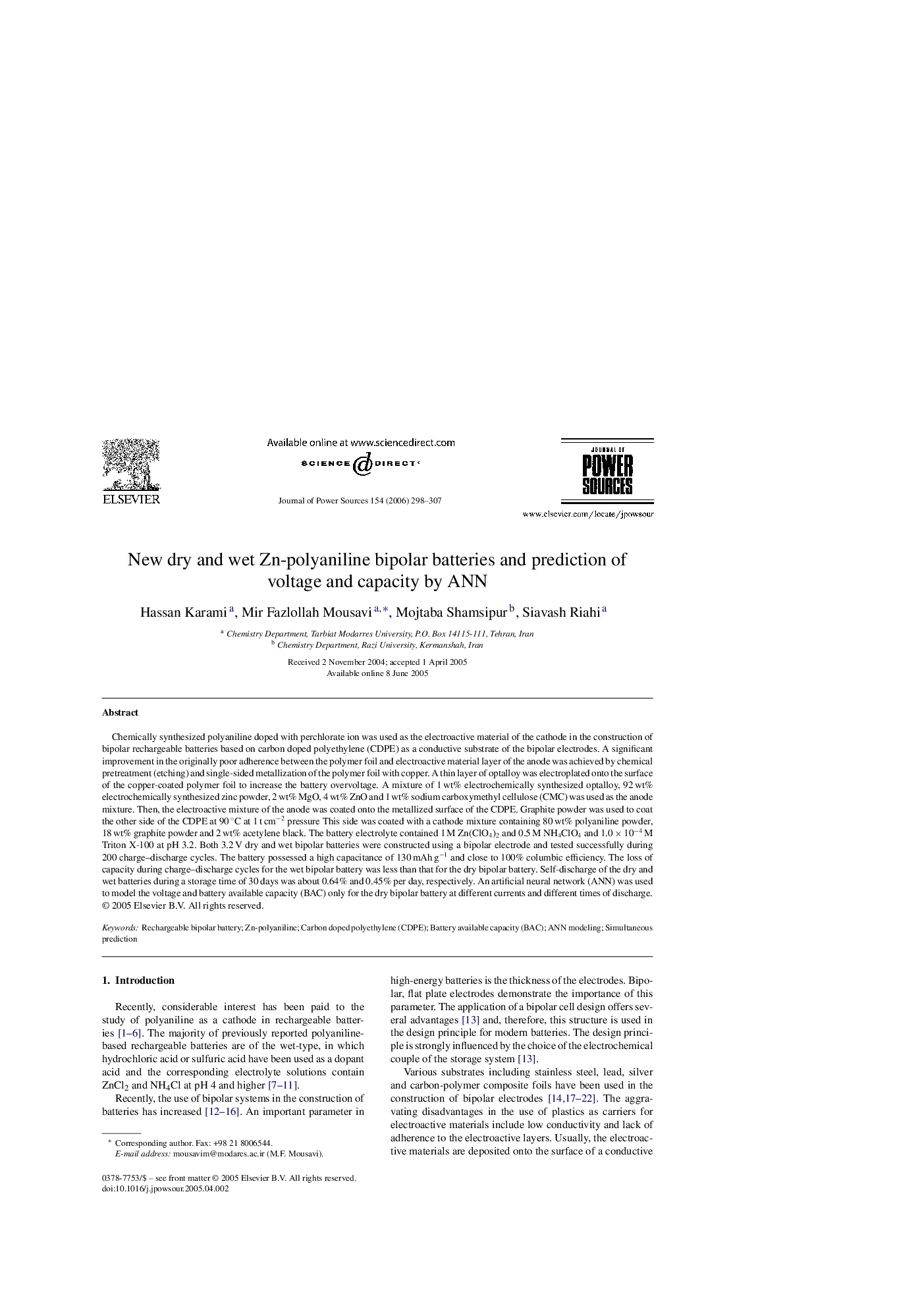 عکس صفحه اول مقاله: New dry and wet Zn-polyaniline bipolar batteries and prediction of voltage and capacity by ANN New dry and wet Zn-polyaniline bipolar batteries and prediction of voltage and capacity by ANN