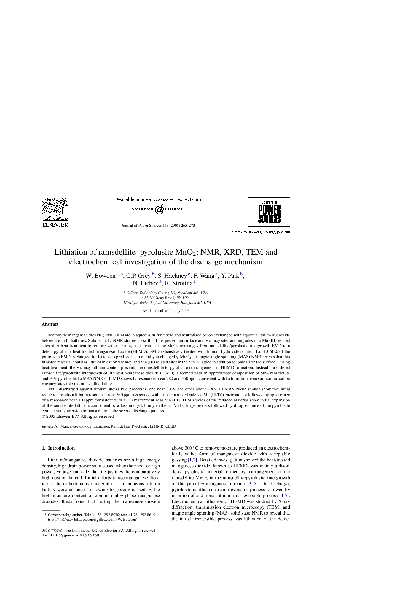 Lithiation of ramsdellite–pyrolusite MnO2; NMR, XRD, TEM and electrochemical investigation of the discharge mechanism