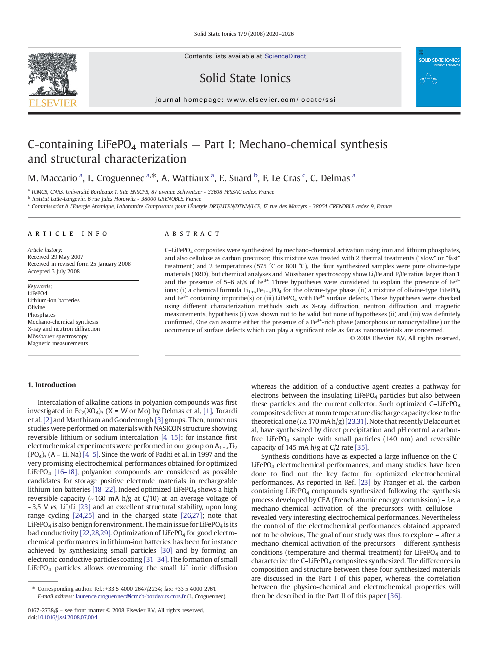 C-containing LiFePO4 materials — Part I: Mechano-chemical synthesis and structural characterization