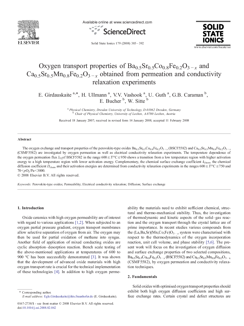 Oxygen transport properties of Ba0.5Sr0.5Co0.8Fe0.2O3 − x and Ca0.5Sr0.5Mn0.8Fe0.2O3 − x obtained from permeation and conductivity relaxation experiments