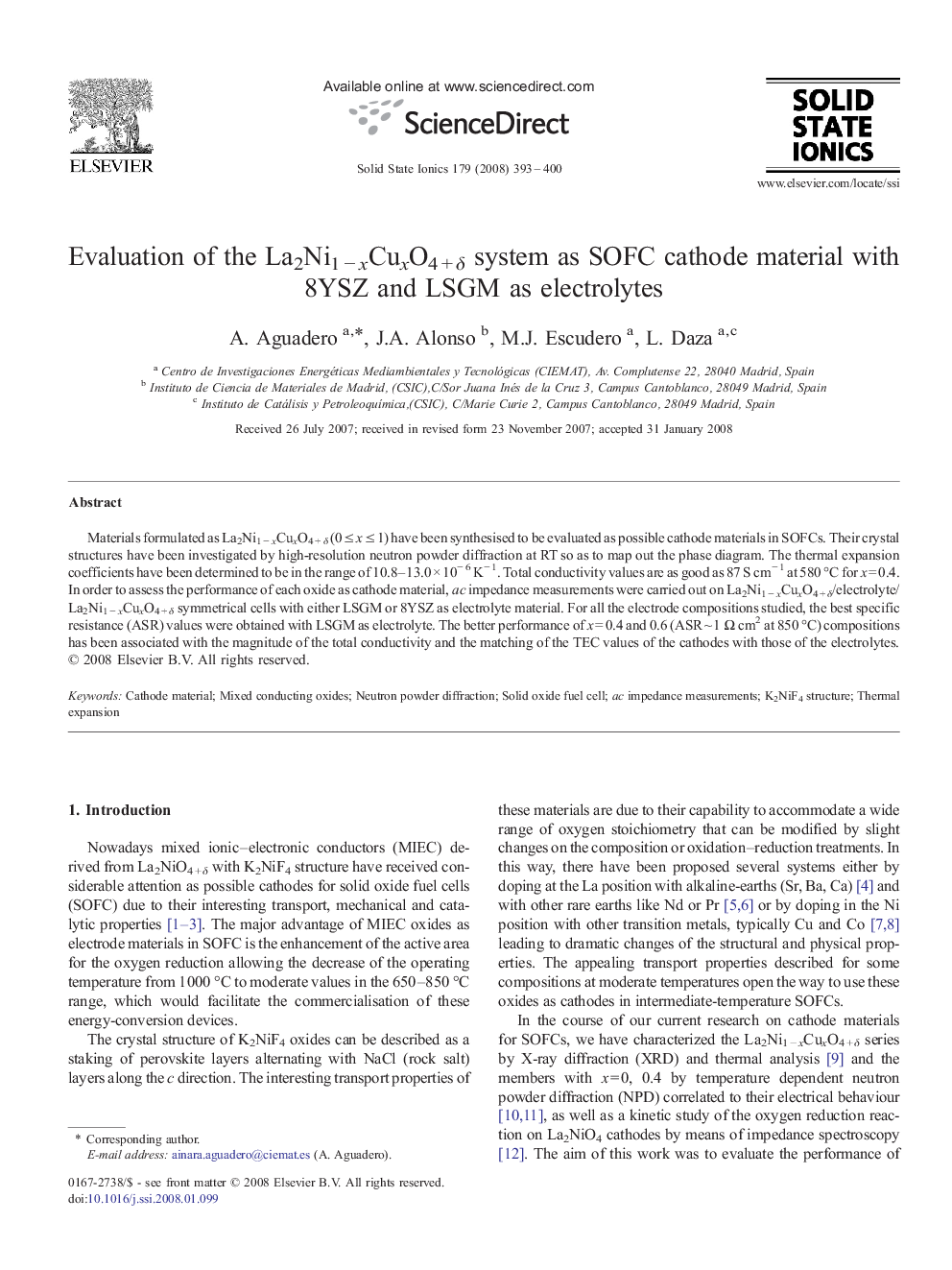 Evaluation of the La2Ni1 − xCuxO4 + δ system as SOFC cathode material with 8YSZ and LSGM as electrolytes