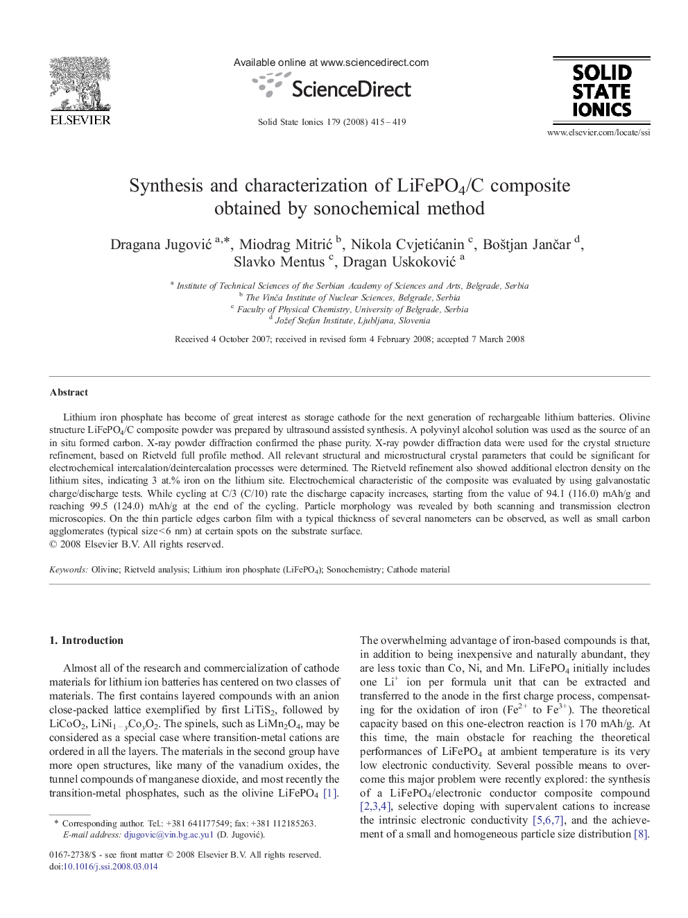 عکس صفحه اول مقاله: Synthesis and characterization of LiFePO4/C composite obtained by sonochemical method Synthesis and characterization of LiFePO4/C composite obtained by sonochemical method