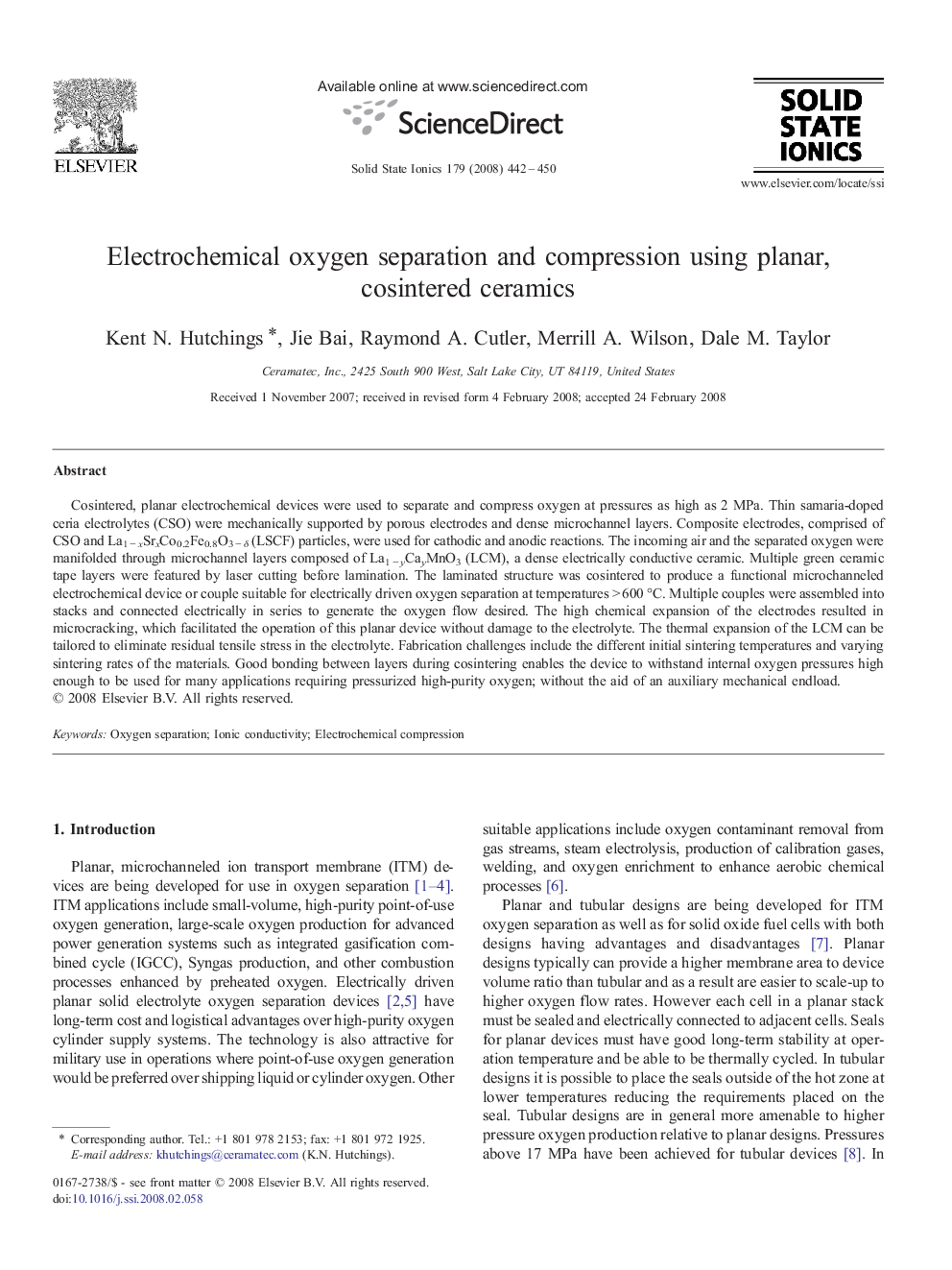 عکس صفحه اول مقاله: Electrochemical oxygen separation and compression using planar, cosintered ceramics Electrochemical oxygen separation and compression using planar, cosintered ceramics