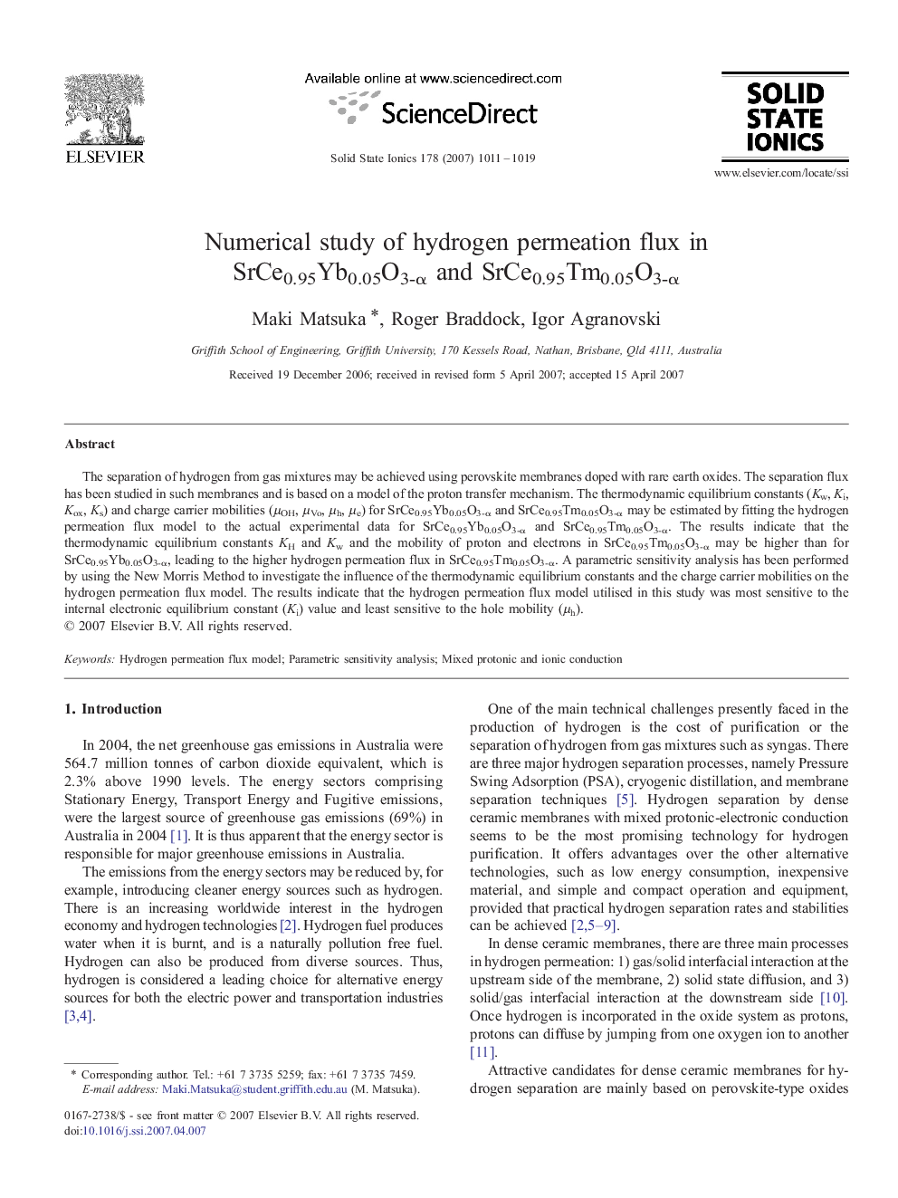 Numerical study of hydrogen permeation flux in SrCe0.95Yb0.05O3-Î± and SrCe0.95Tm0.05O3-Î±