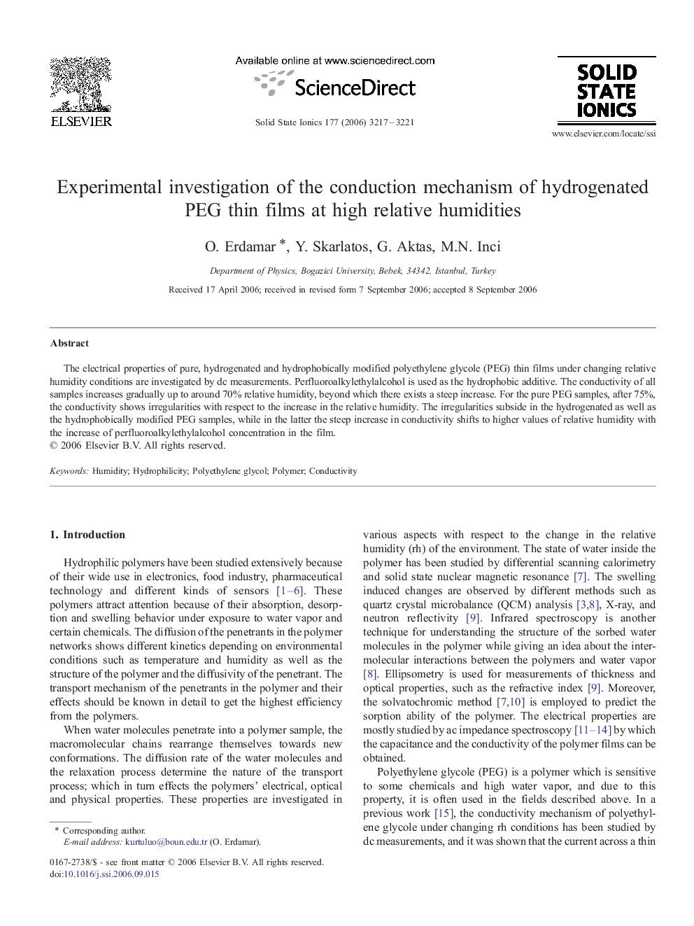 Experimental investigation of the conduction mechanism of hydrogenated PEG thin films at high relative humidities