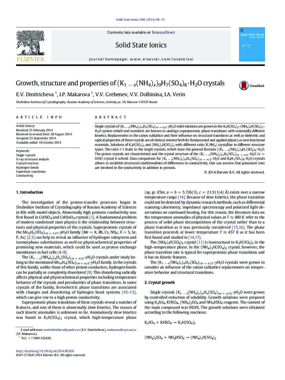 Growth, structure and properties of (K1 − x(NH4)x)9H7(SO4)8·H2O crystals