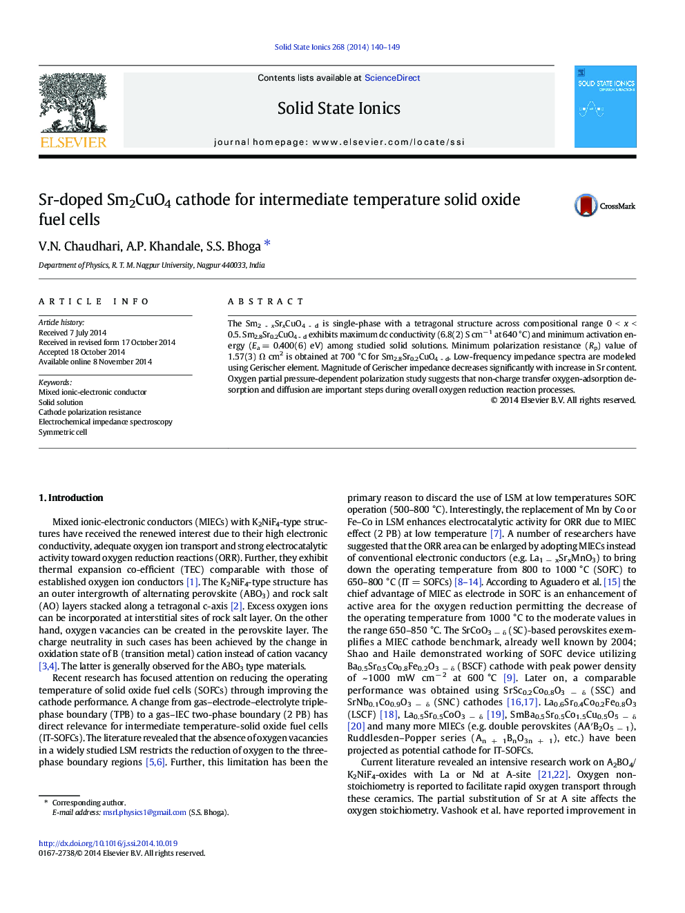 Sr-doped Sm2CuO4 cathode for intermediate temperature solid oxide fuel cells