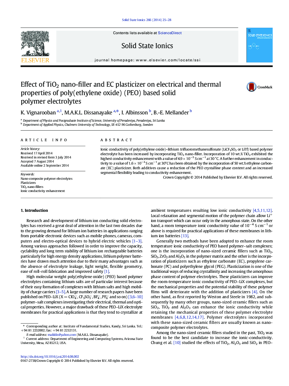 Effect of TiO2 nano-filler and EC plasticizer on electrical and thermal properties of poly(ethylene oxide) (PEO) based solid polymer electrolytes