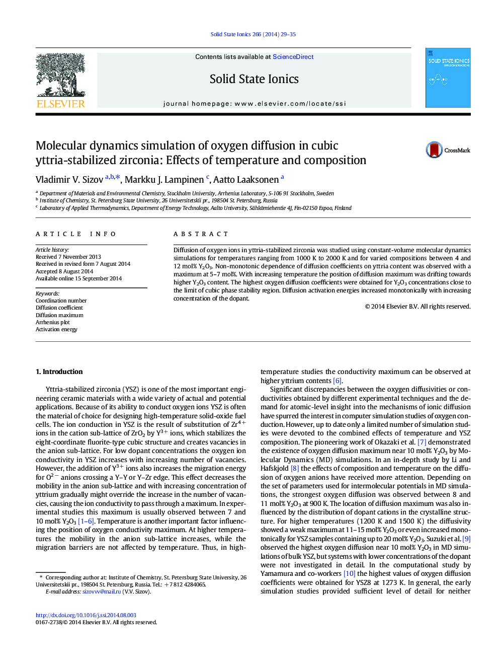 Molecular dynamics simulation of oxygen diffusion in cubic yttria-stabilized zirconia: Effects of temperature and composition