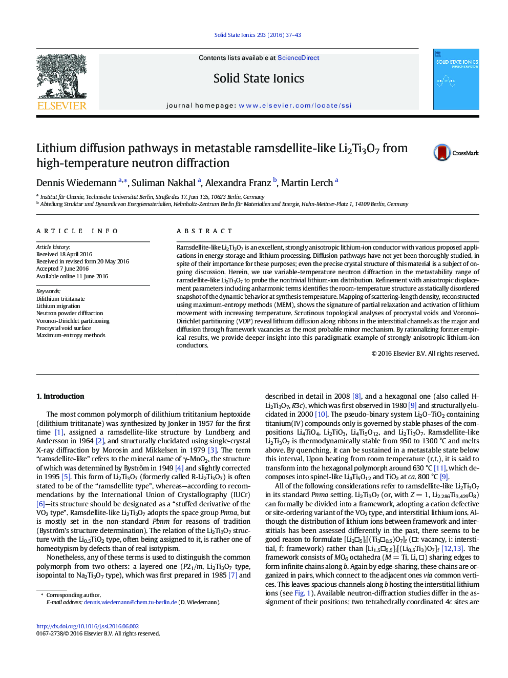 Lithium diffusion pathways in metastable ramsdellite-like Li2Ti3O7 from high-temperature neutron diffraction