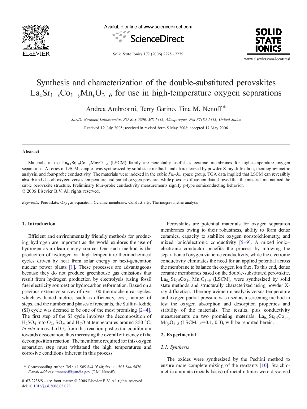 Synthesis and characterization of the double-substituted perovskites LaxSr1−xCo1−yMnyO3−δ for use in high-temperature oxygen separations