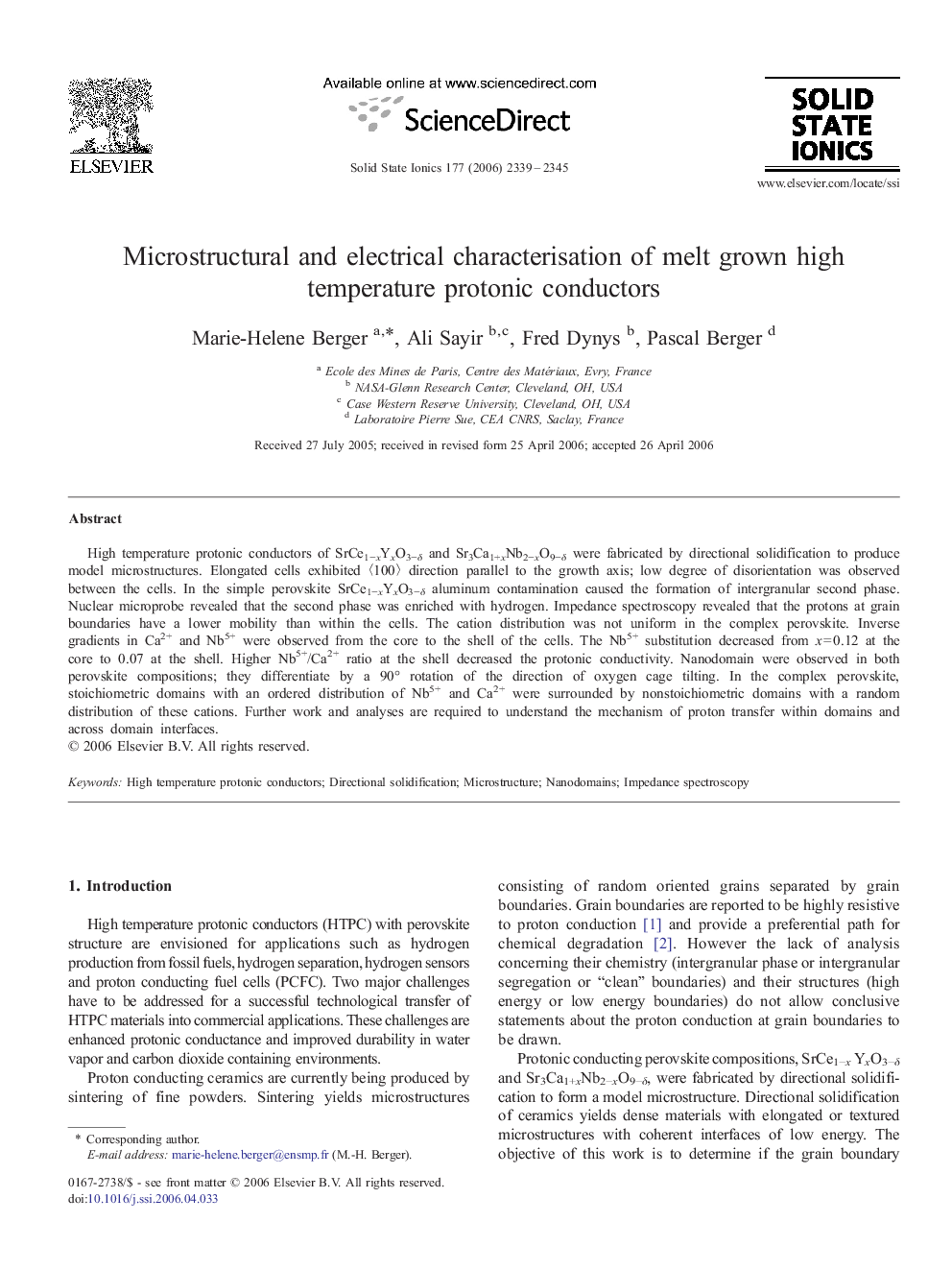 Microstructural and electrical characterisation of melt grown high temperature protonic conductors