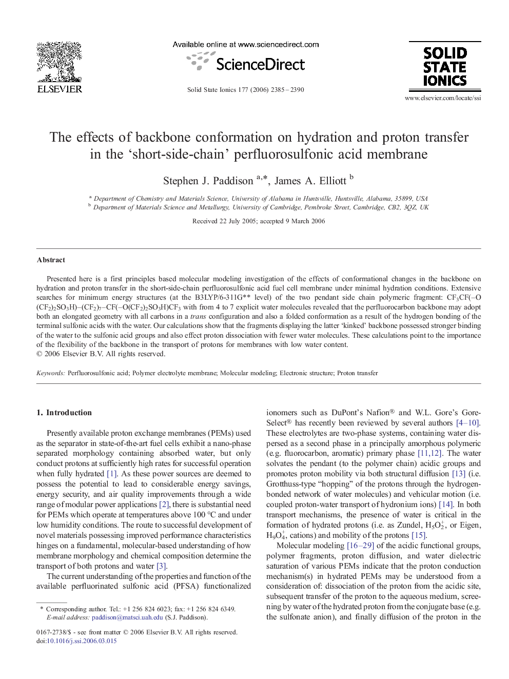 The effects of backbone conformation on hydration and proton transfer in the ‘short-side-chain’ perfluorosulfonic acid membrane