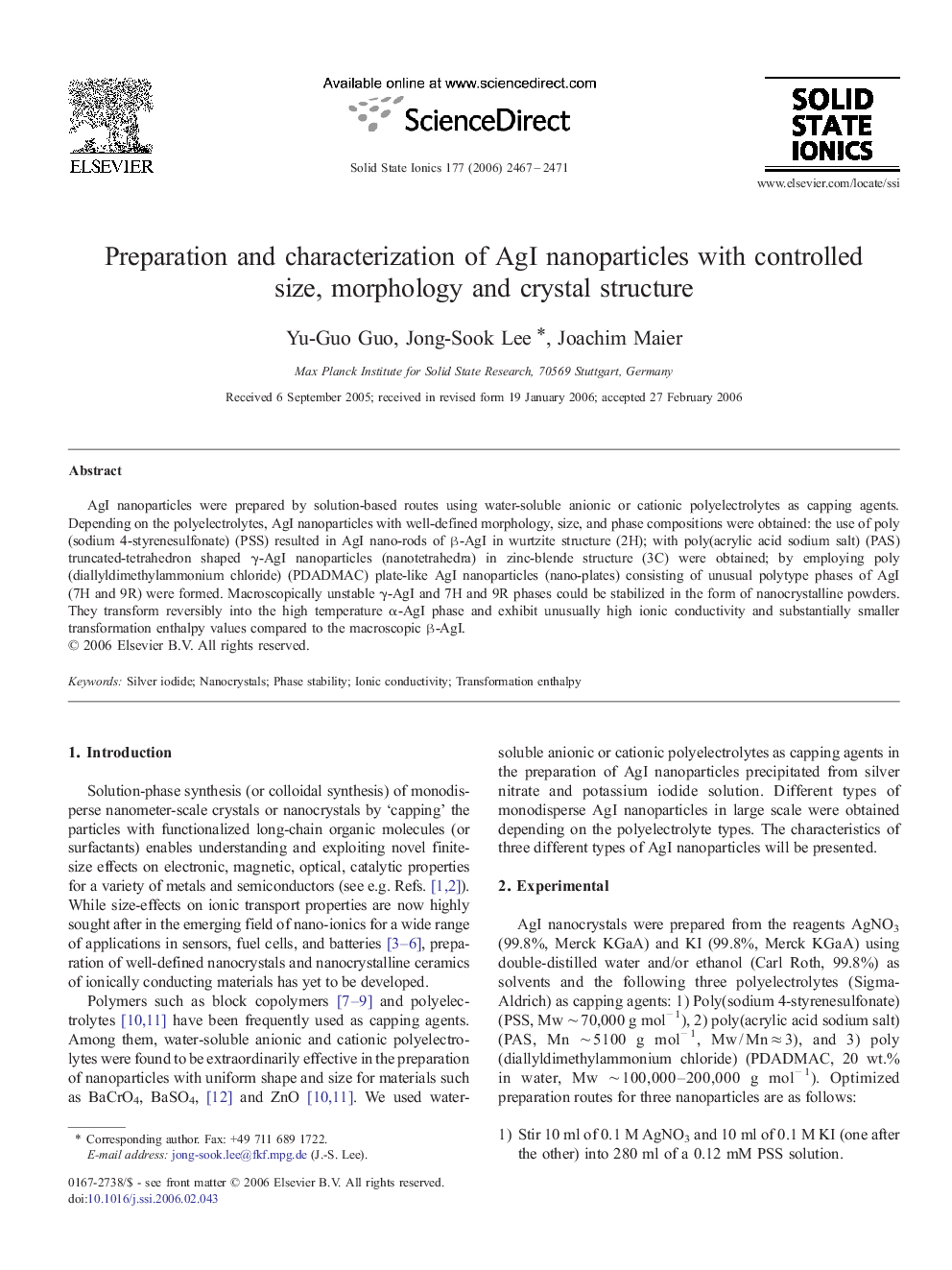 Preparation and characterization of AgI nanoparticles with controlled size, morphology and crystal structure