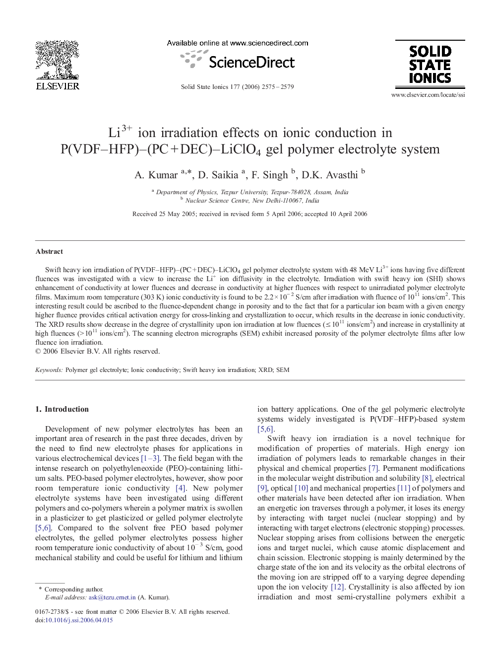 Li3+ ion irradiation effects on ionic conduction in P(VDF–HFP)–(PC + DEC)–LiClO4 gel polymer electrolyte system