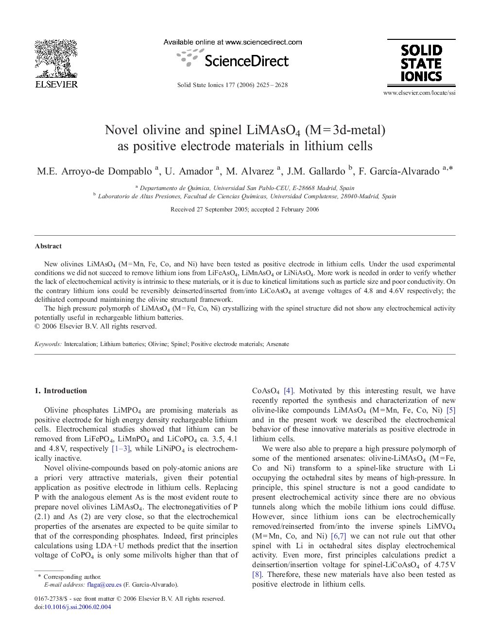 Novel olivine and spinel LiMAsO4 (M = 3d-metal) as positive electrode materials in lithium cells