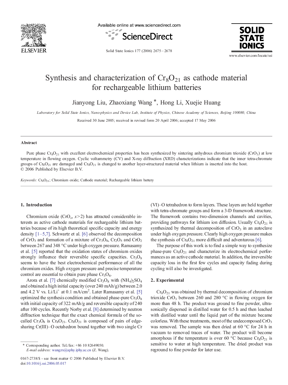 عکس صفحه اول مقاله: Synthesis and characterization of Cr8O21 as cathode material for rechargeable lithium batteries Synthesis and characterization of Cr8O21 as cathode material for rechargeable lithium batteries