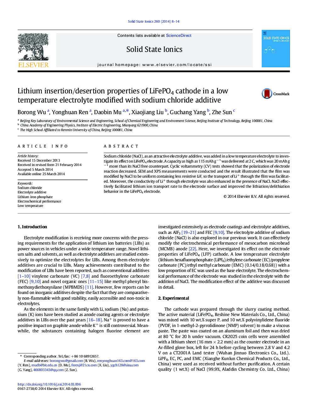 Lithium insertion/desertion properties of LiFePO4 cathode in a low temperature electrolyte modified with sodium chloride additive