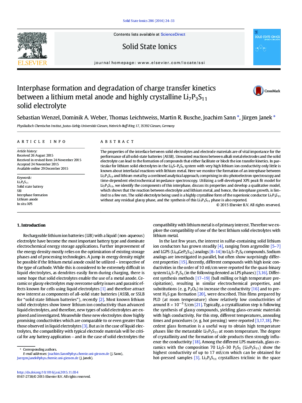 Interphase formation and degradation of charge transfer kinetics between a lithium metal anode and highly crystalline Li7P3S11 solid electrolyte