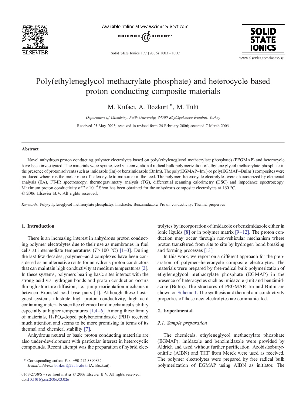 Poly(ethyleneglycol methacrylate phosphate) and heterocycle based proton conducting composite materials
