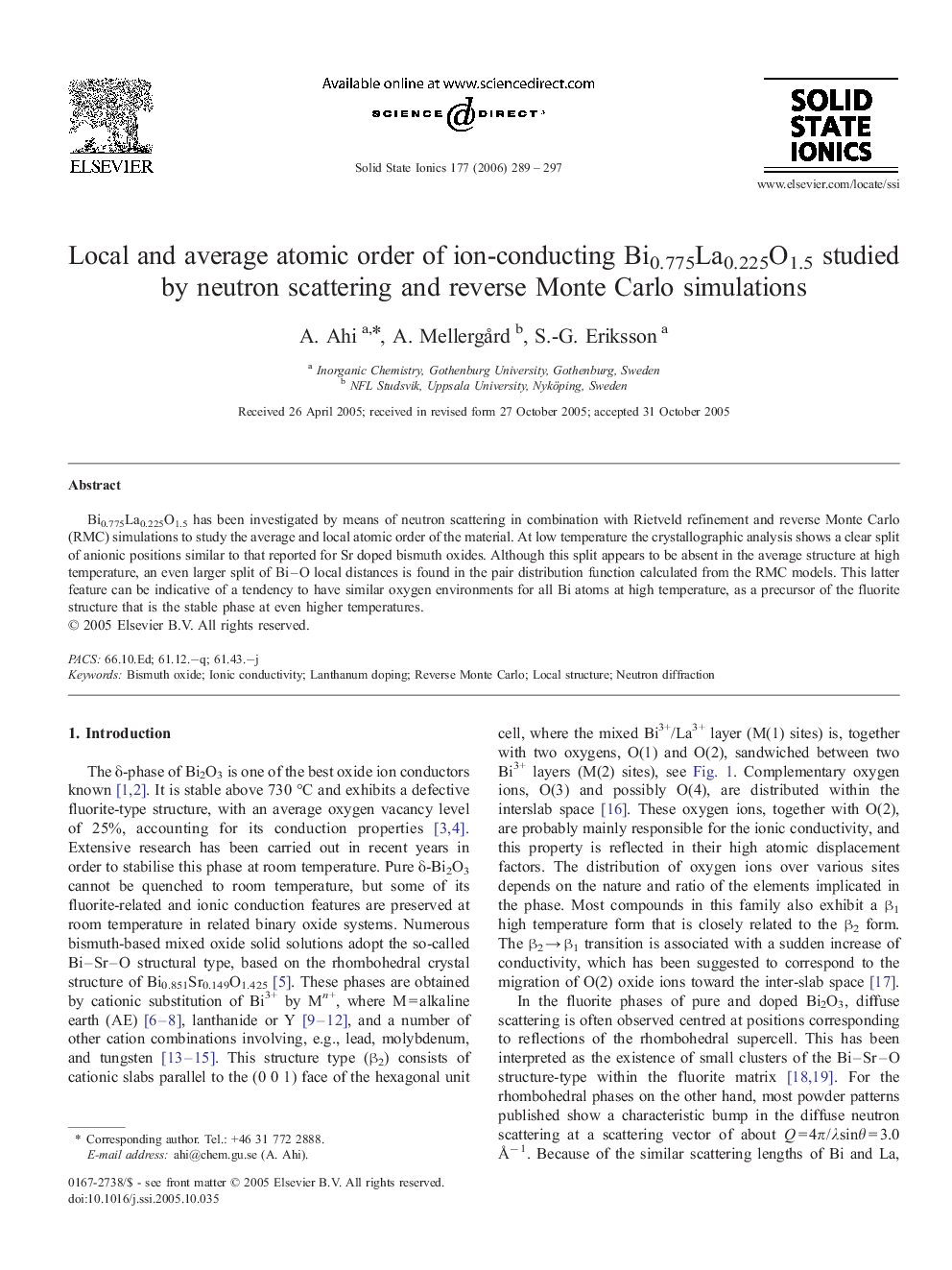 Local and average atomic order of ion-conducting Bi0.775La0.225O1.5 studied by neutron scattering and reverse Monte Carlo simulations