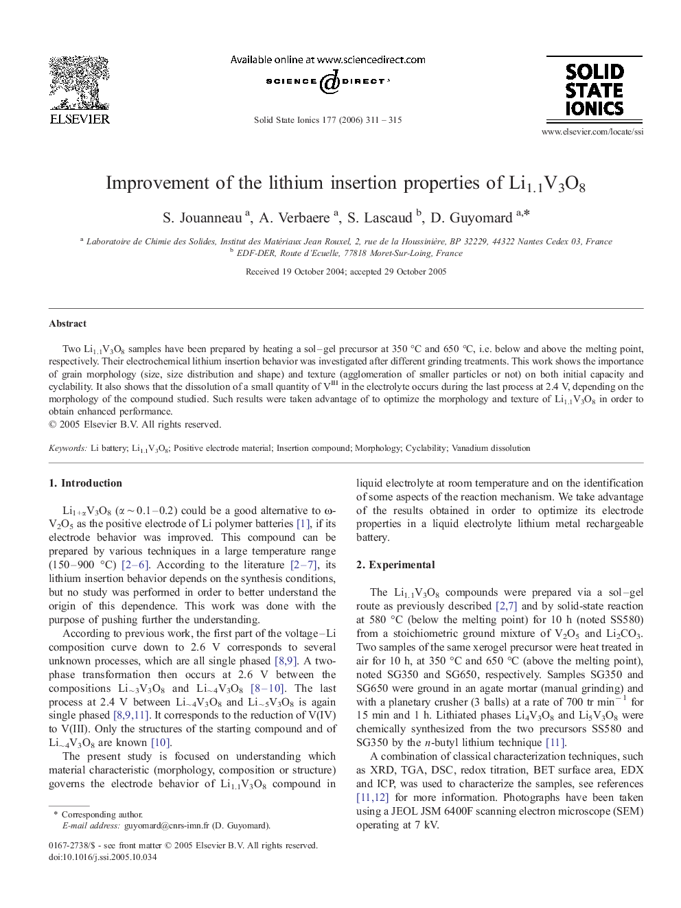 Improvement of the lithium insertion properties of Li1.1V3O8