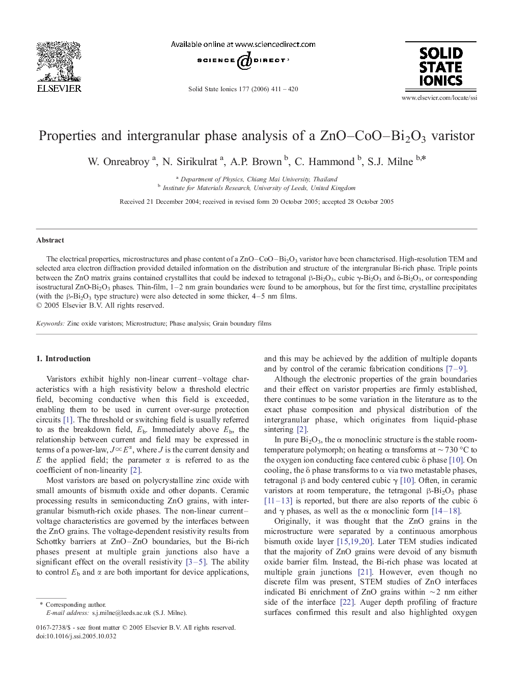 Properties and intergranular phase analysis of a ZnO–CoO–Bi2O3 varistor