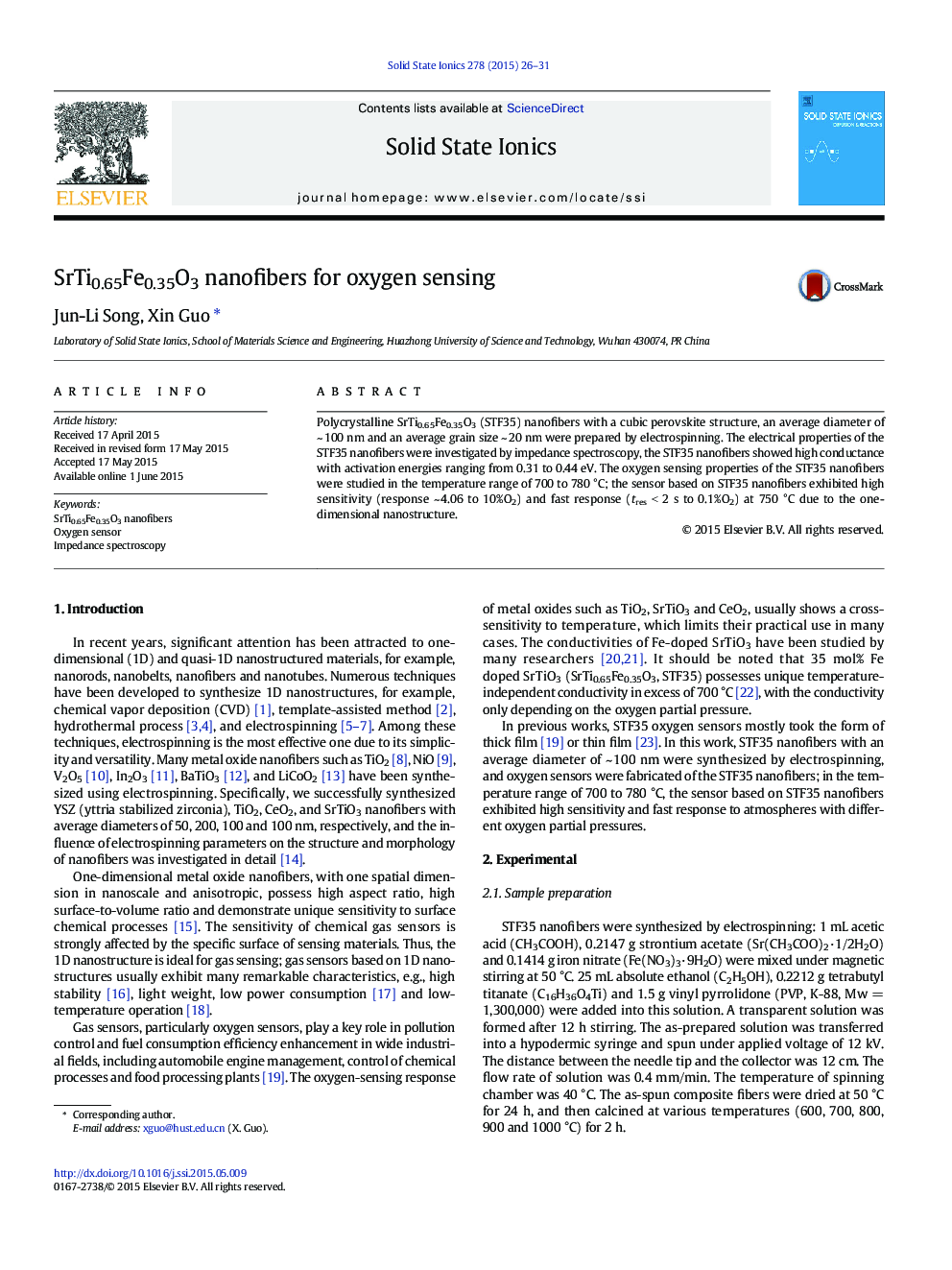 SrTi0.65Fe0.35O3 nanofibers for oxygen sensing