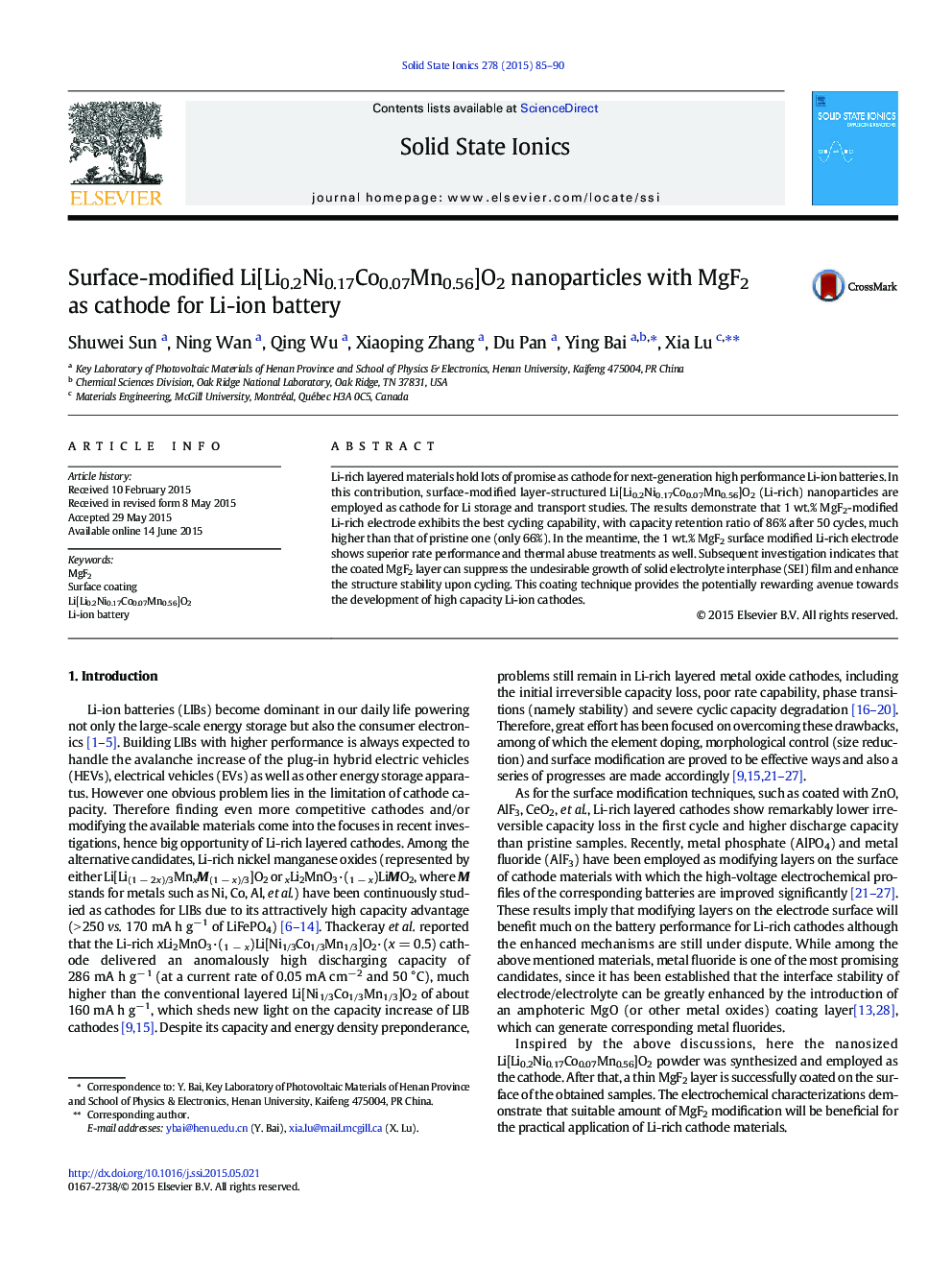 Surface-modified Li[Li0.2Ni0.17Co0.07Mn0.56]O2 nanoparticles with MgF2 as cathode for Li-ion battery