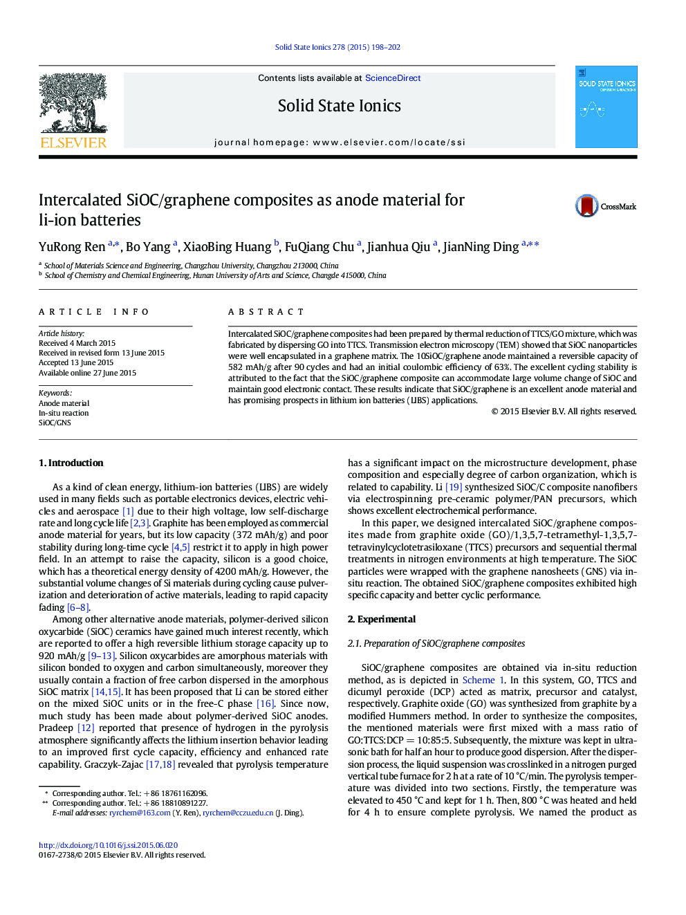 Intercalated SiOC/graphene composites as anode material for li-ion batteries