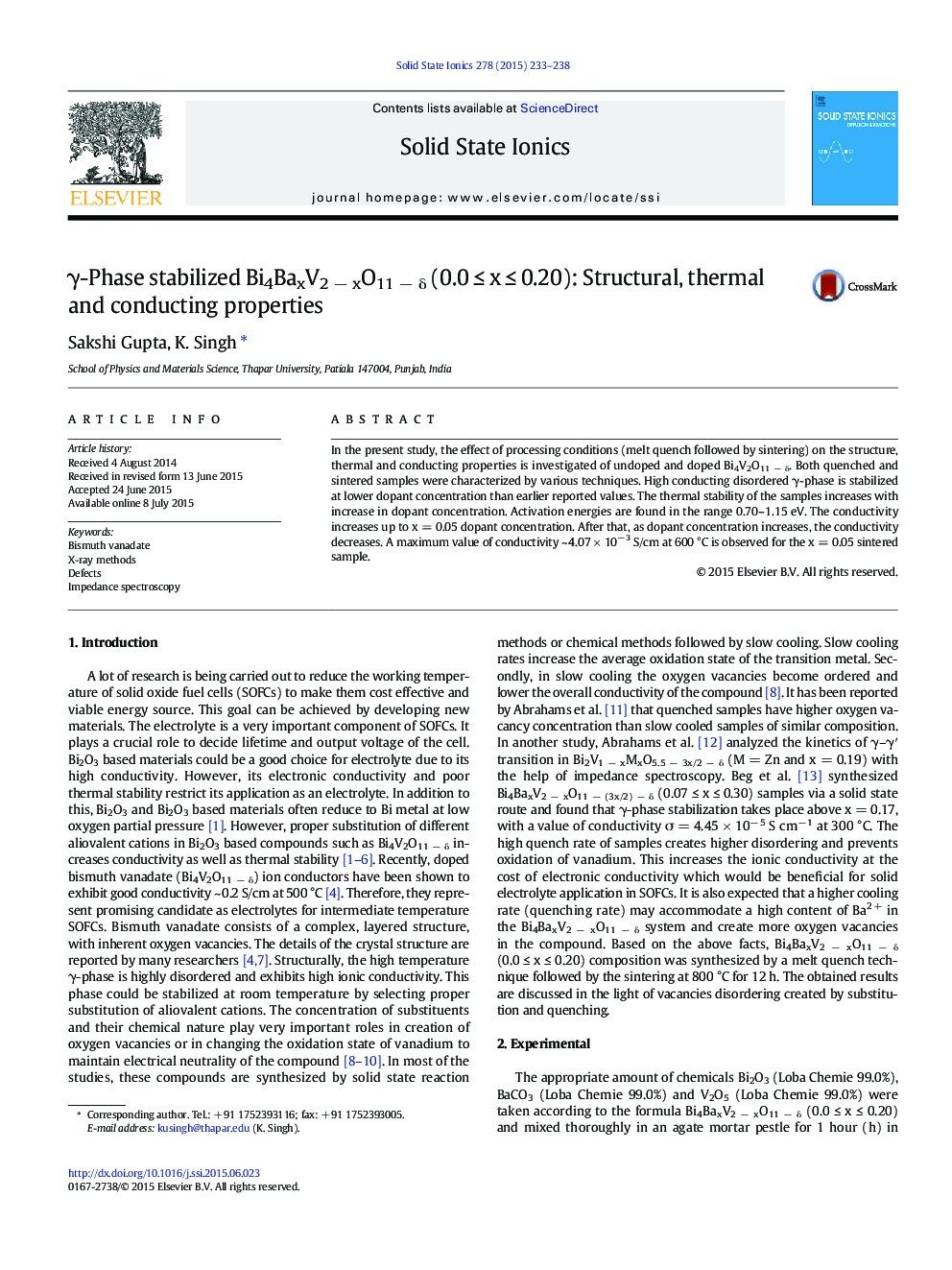 Î³-Phase stabilized Bi4BaxV2Â âÂ xO11Â âÂ Î´ (0.0Â â¤Â xÂ â¤Â 0.20): Structural, thermal and conducting properties