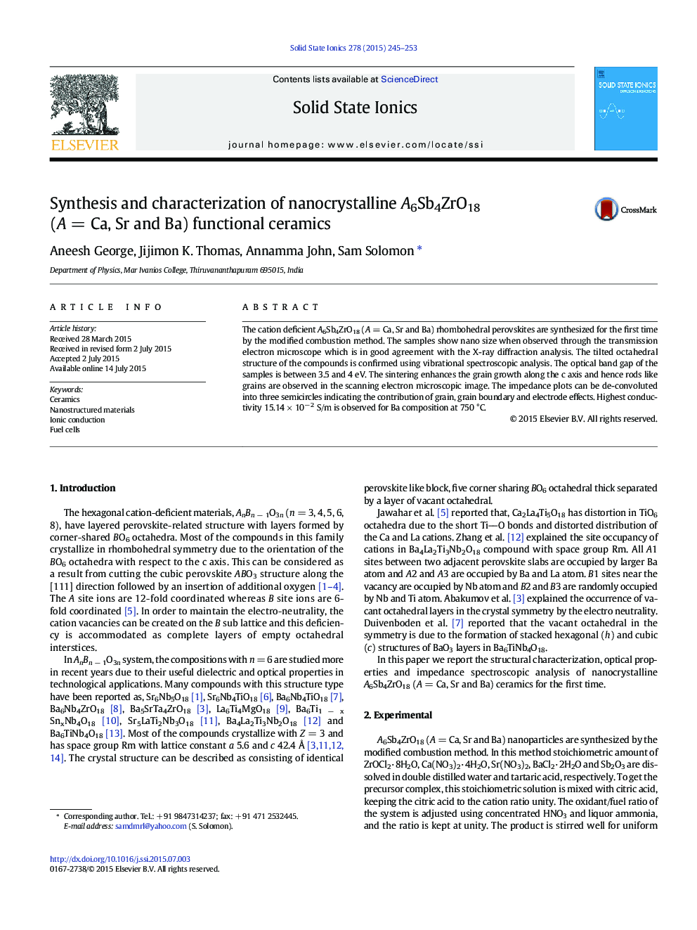 Synthesis and characterization of nanocrystalline A6Sb4ZrO18 (AÂ =Â Ca, Sr and Ba) functional ceramics