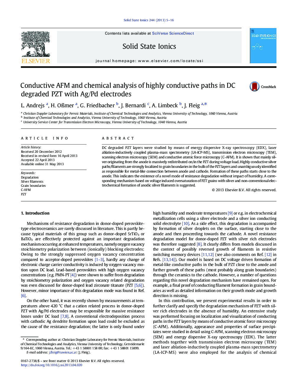 Conductive AFM and chemical analysis of highly conductive paths in DC degraded PZT with Ag/Pd electrodes