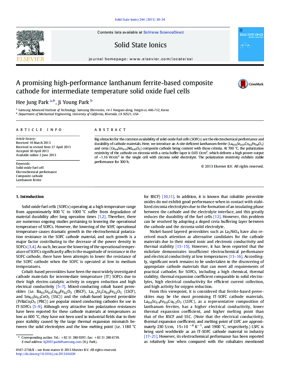 A promising high-performance lanthanum ferrite-based composite cathode for intermediate temperature solid oxide fuel cells