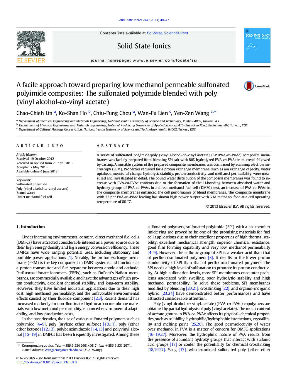 A facile approach toward preparing low methanol permeable sulfonated polyimide composites: The sulfonated polyimide blended with poly (vinyl alcohol-co-vinyl acetate)