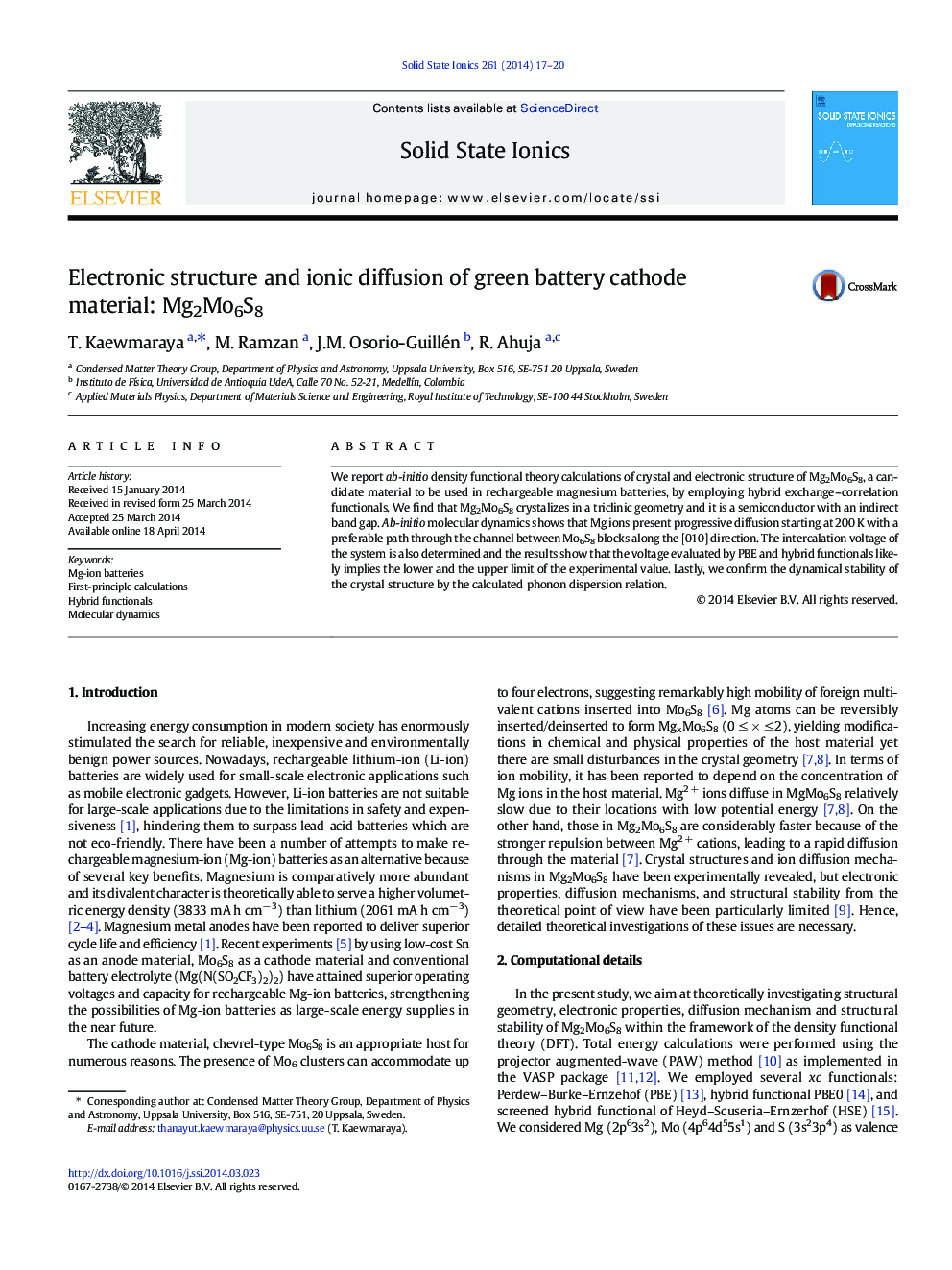 Electronic structure and ionic diffusion of green battery cathode material: Mg2Mo6S8