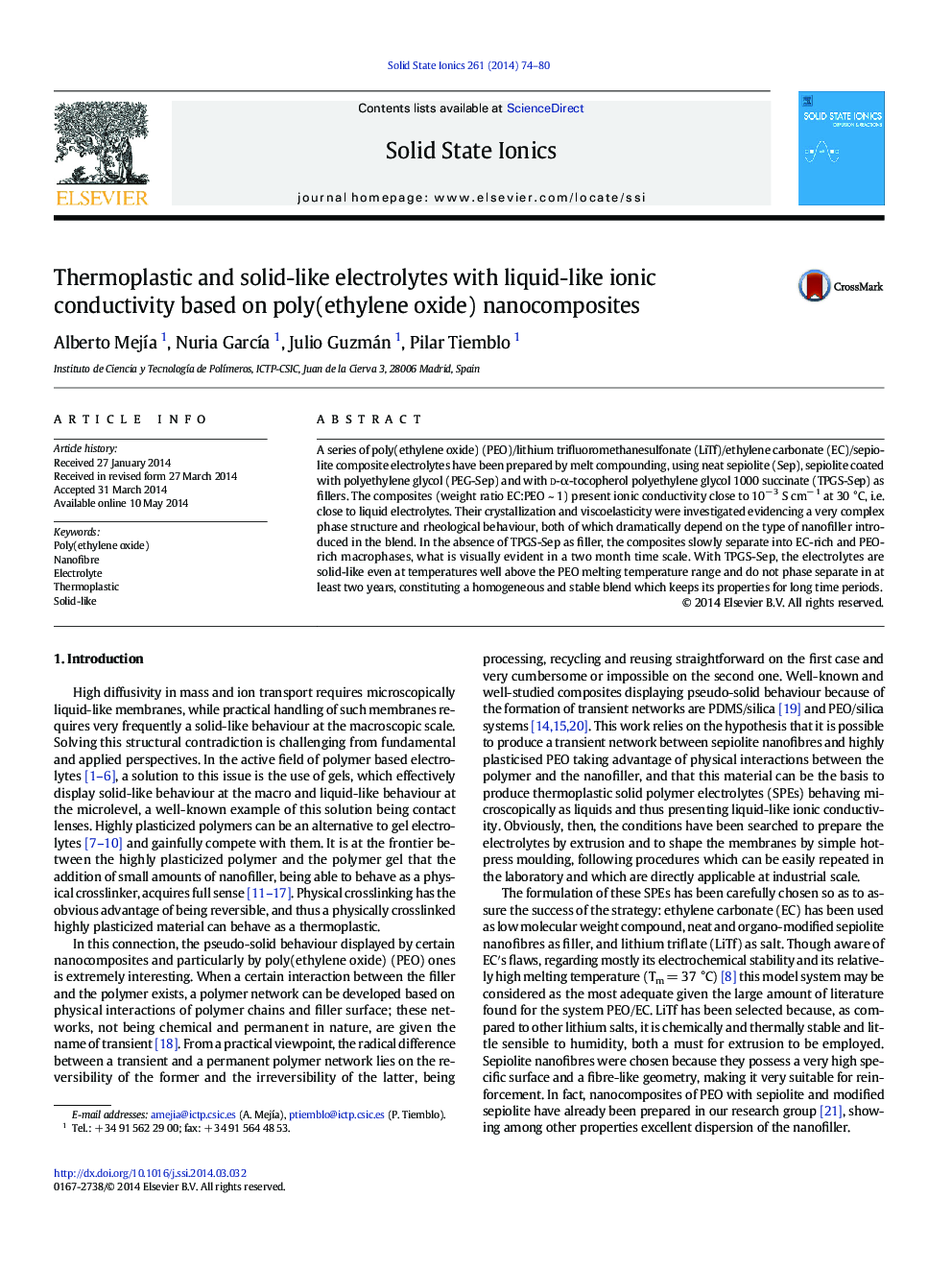 Thermoplastic and solid-like electrolytes with liquid-like ionic conductivity based on poly(ethylene oxide) nanocomposites