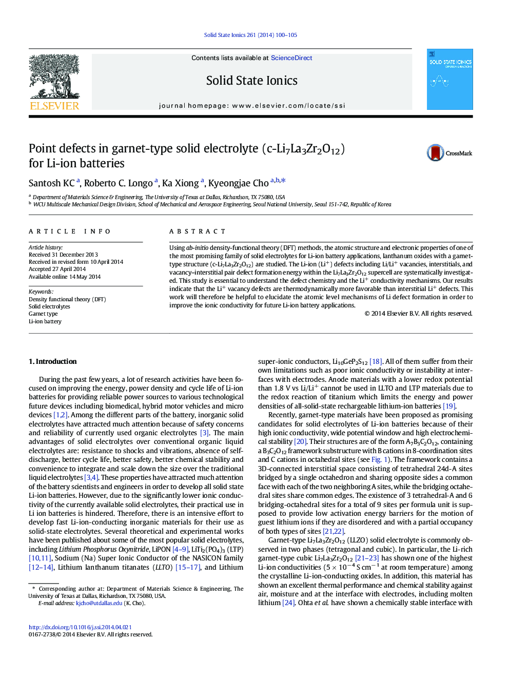 Point defects in garnet-type solid electrolyte (c-Li7La3Zr2O12) for Li-ion batteries