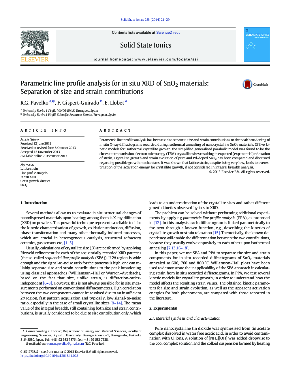 Parametric line profile analysis for in situ XRD of SnO2 materials: Separation of size and strain contributions